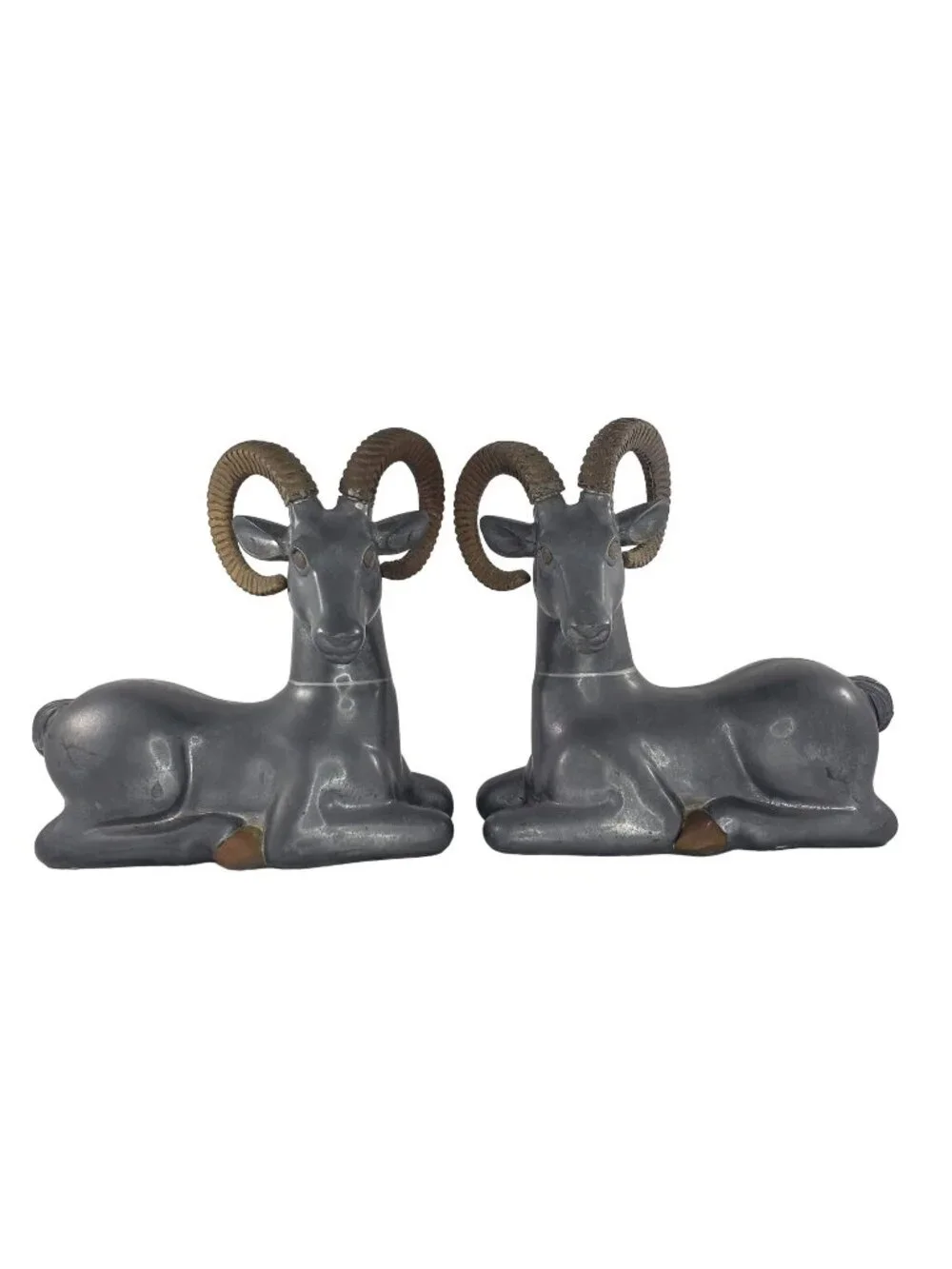 Art Deco Pewter Brass Ram Antelope Ibex Bookend Pair Vintage 1930s